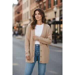 Rachel Zoe 2 Ply Ribbed Knit Cashmere Cardigan Sweater Oatmeal S